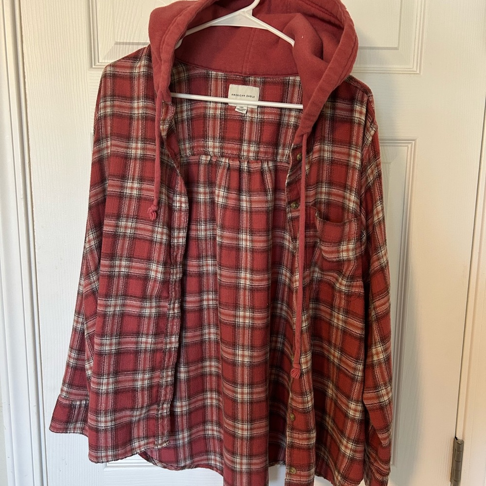 American Eagle Outfitters Salmon Pink/Red Plaid Hooded Shirt